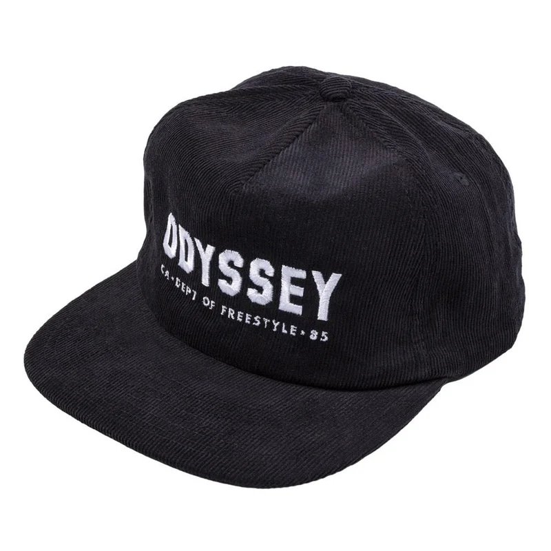 Odyssey Campus 5 Panel Corduroy Snapback Cap - Black with White Stitch