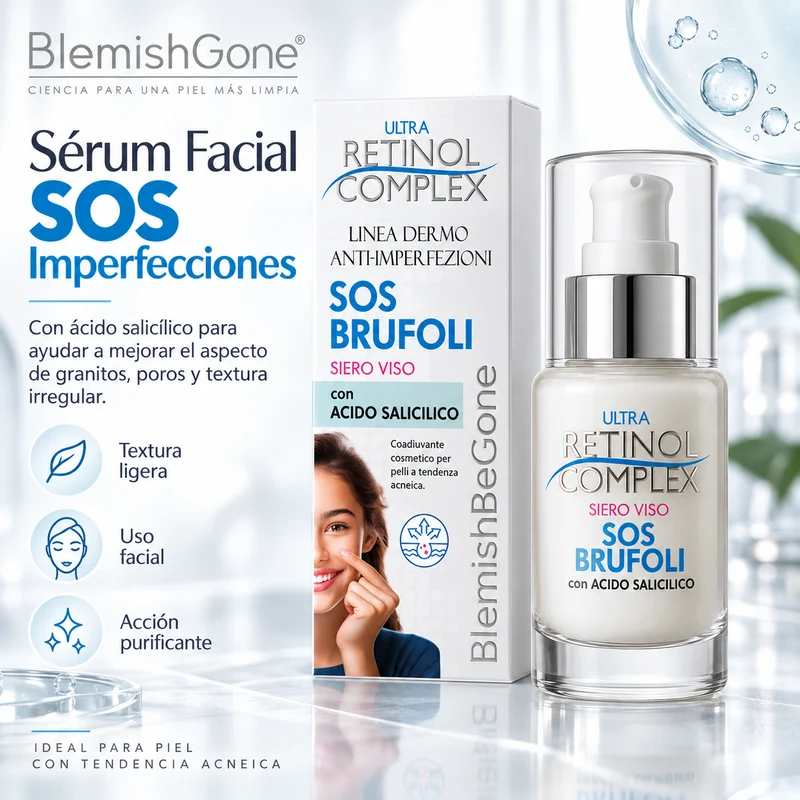 Sérum Facial Ultra Retinol Complex SOS Brufoli con Ácido Salicílico y Niacinamida | Anti-Imperfecciones Made in Italy
