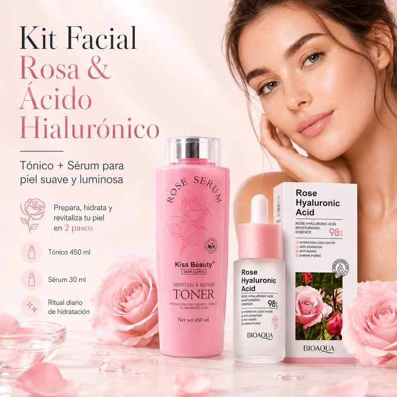 Kit Facial Rosa & Ácido Hialurónico – Tónico + Sérum Hidratante para Piel Luminosa