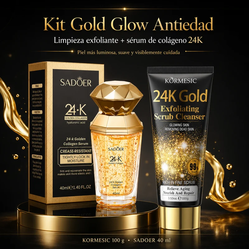 Kit Gold Glow Antiedad | Exfoliante Facial KORMESIC 24K Gold 100 g + Sérum SADOER 24K Golden Collagen 40 ml