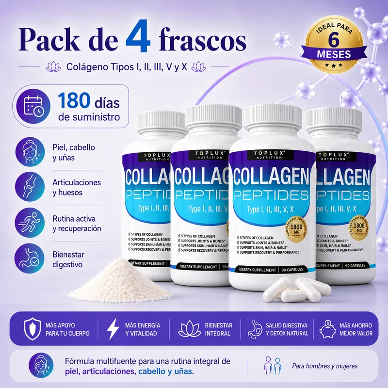 Toplux Colágeno Peptídico Múltiple 1800 mg – Complejo Premium Tipo I, II, III, V y X para Piel, Cabello, Uñas, Articulaciones y Bienestar Activo | 90 Cápsulas