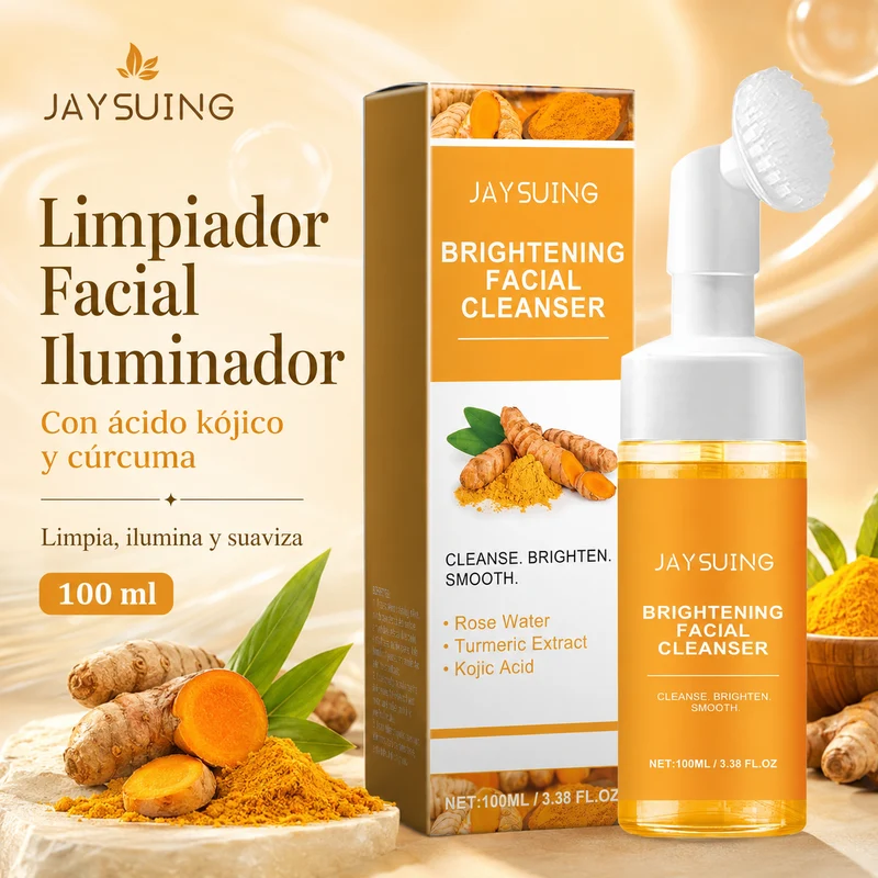 Espuma Limpiadora Facial Iluminadora JAYSUING con Ácido Kójico y Cúrcuma, Espuma Limpiadora con Cepillo, para Piel Fresca, Suave y Luminosa, 100 ml