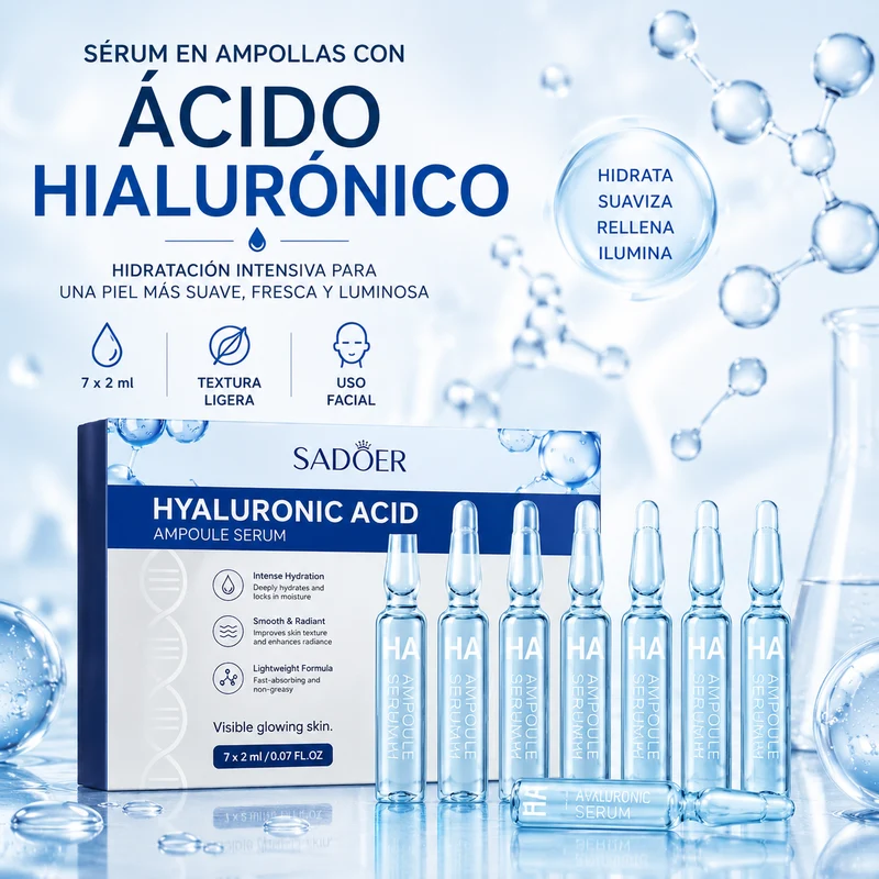 Sérum Facial en Ampollas con Ácido Hialurónico SADOER 7x2ml | Hidratación Intensiva, Piel Suave y Aspecto Luminoso
