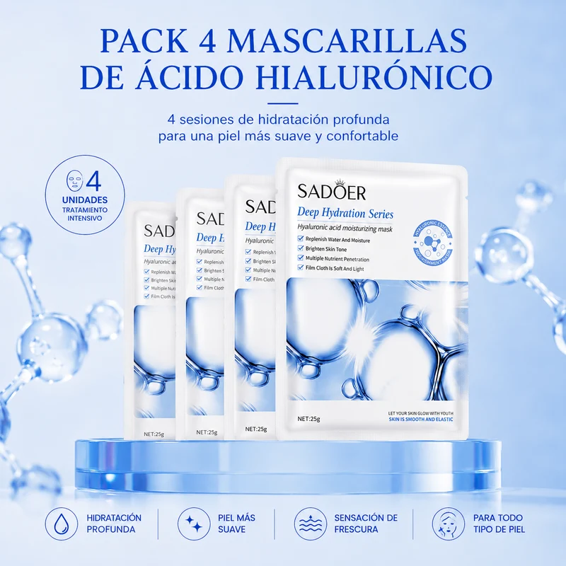 Pack 4 Mascarillas de Ácido Hialurónico | Tratamiento Intensivo de Hidratación Profunda