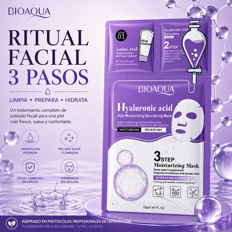 Mascarilla Facial 3 Pasos con Ácido Hialurónico | Limpieza, Esencia y Hidratación Intensiva BIOAQUA