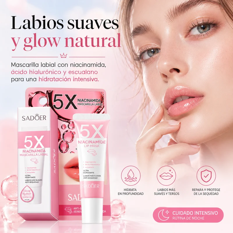 Mascarilla Labial Hidratante con Niacinamida, Ácido Hialurónico y Escualano | Labios Suaves y Glow Natural