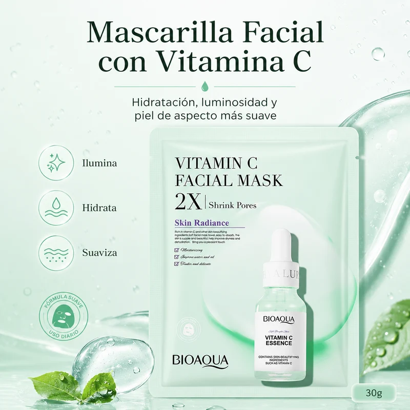 Mascarilla Facial BIOAQUA con Vitamina C 30g | Hidratante, Iluminadora, Poros Refinados y Piel Radiante