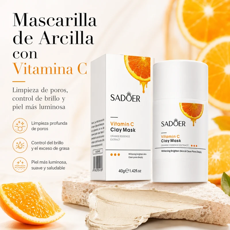Mascarilla Facial de Arcilla con Vitamina C 40g | Limpieza de Poros, Control de Brillo y Luminosidad