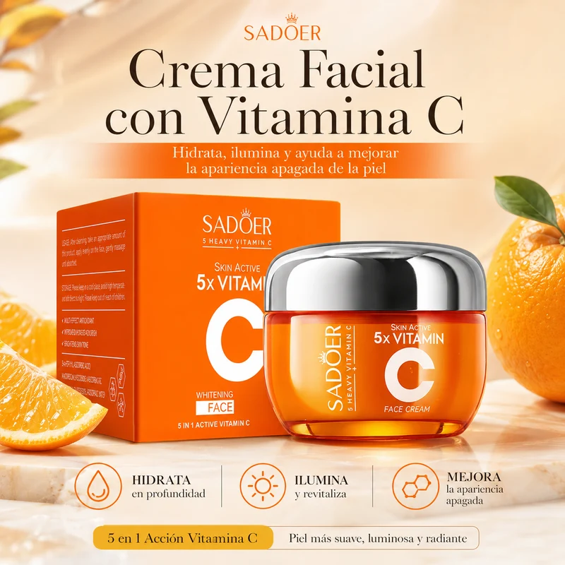 Crema Facial SADOER 5x Vitamin C 50 ml | Vitamina C + Niacinamida para Piel Luminosa e Hidratada