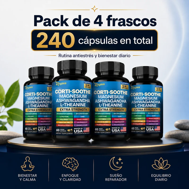Corti-Soothe 13 en 1, Suplemento Antiestrés con Magnesio, Ashwagandha, L-Teanina, GABA y Adaptógenos | Apoyo para Calma, Enfoque, Sueño y Equilibrio Emocional, 60 Cápsulas