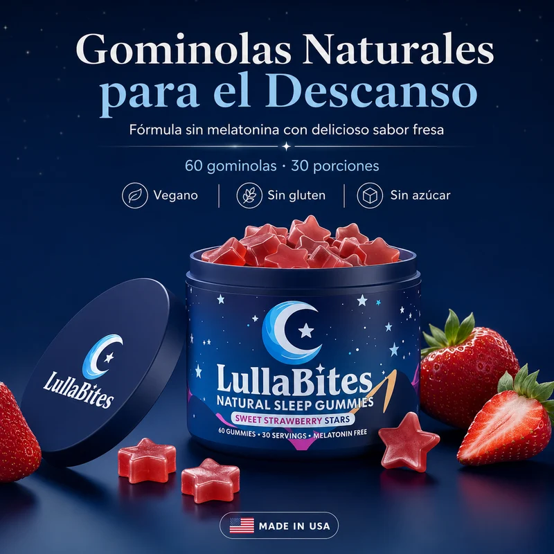 LullaBites Gummies para el Bienestar Nocturno sin Melatonina con 5-HTP, L-Teanina, Magnesio Glicinato, Valeriana y Pasiflora – Sabor Fresa, 60 Gummies