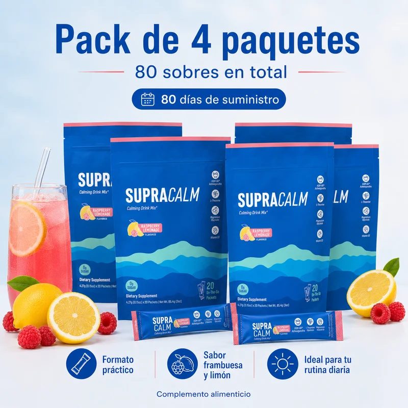 Supracalm Mezcla Relajante en Polvo con KSM-66® Ashwagandha, L-Teanina, Magnesio Glicinato y Vitamina D3 – Sabor Frambuesa y Limón
