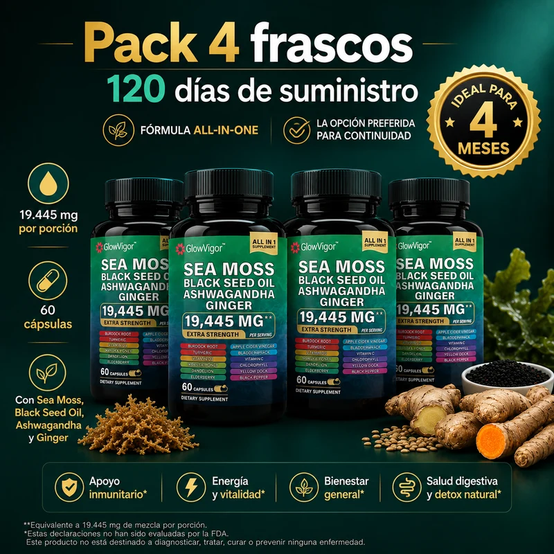 GlowVigor Sea Moss Black Seed Oil Ashwagandha Ginger, Suplemento All in 1 con Cúrcuma, Bladderwrack, Bardana, Vitamina C, D3, Saúco, Manuka y Clorofila, 60 Cápsulas
