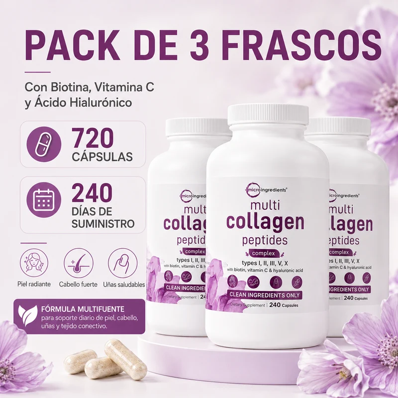 Micro Ingredients Multi Collagen Peptides 240 Cápsulas | Colágeno Tipos I, II, III, V y X con Biotina, Vitamina C y Ácido Hialurónico