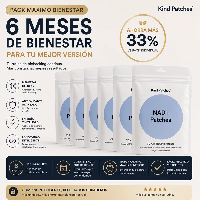 Kind Patches NAD+ | Patches Antiedad Pack de 2 Embalagens con NMN, Resveratrol, NAC, Lion’s Mane y Cordyceps – 60 Parches para Bienestar Celular y Biohacking