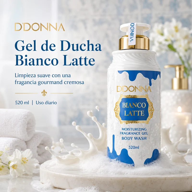 Gel de Ducha D’DONNA Bianco Latte 520 ml | Limpieza Suave, Espuma Cremosa y Fragancia Gourmand Lactada
