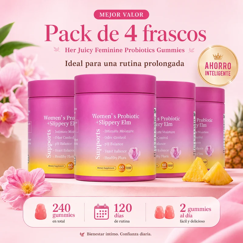 Probióticos Femeninos Gummies con Slippery Elm, XOS y Piña | Apoyo al pH, Flora Íntima, Frescura y Bienestar Diario – 60 Gummies