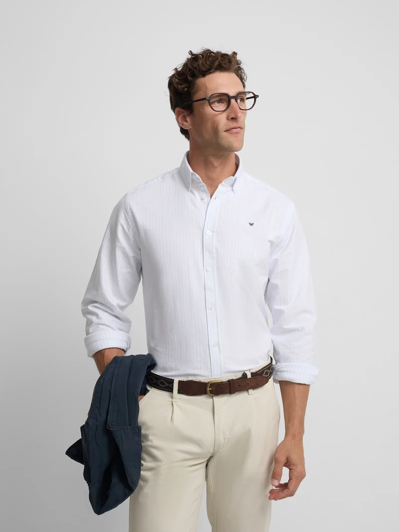 Camisa sport oxford rayas celestes blanca