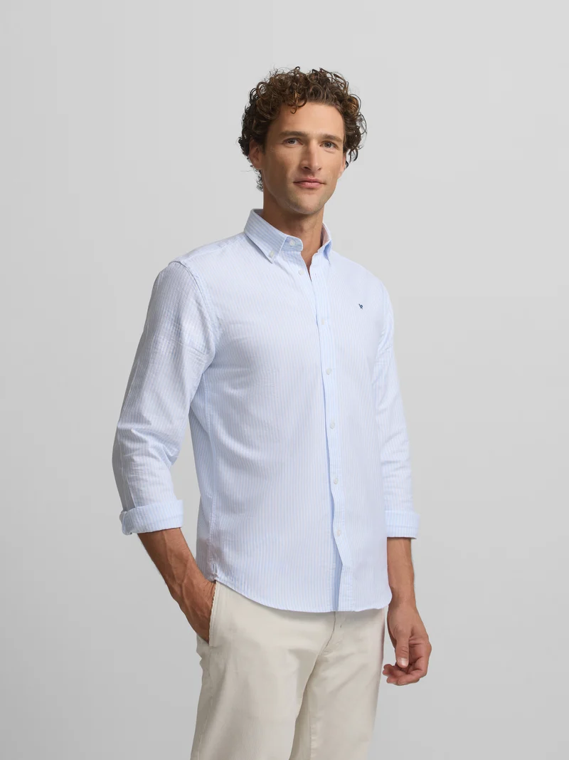 Camisa sport oxford raqueta rayas ancha celeste